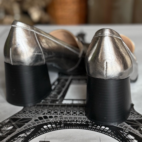 Silver Block Heel Loafers comfortable leather loafers heels - Picture 4 of 10